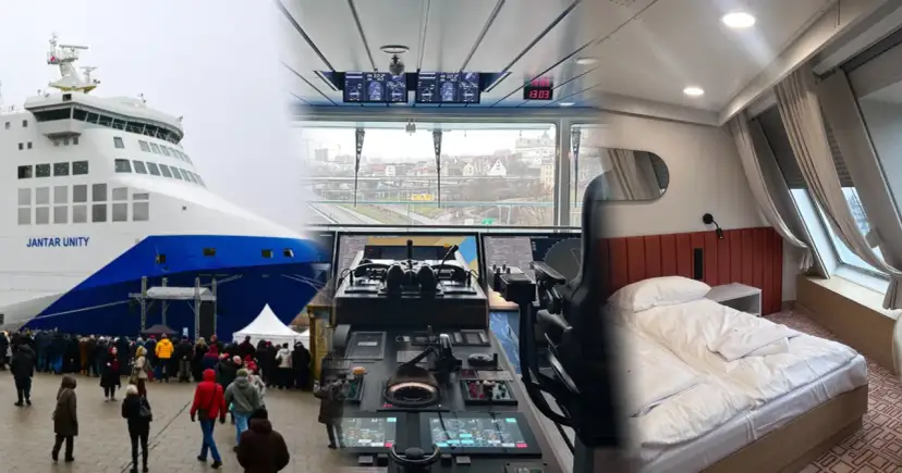 Widok promu z zewnątrz, mostka kapitańskiego i kabiny sypialnej.