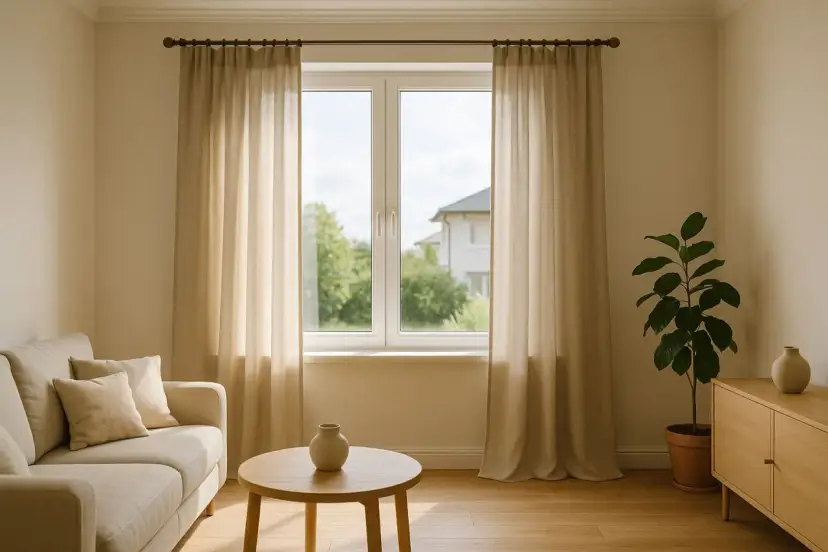 Jasne zasłony wiszą na karniszu po obu stronach okna, za którym widać dom i drzewa.