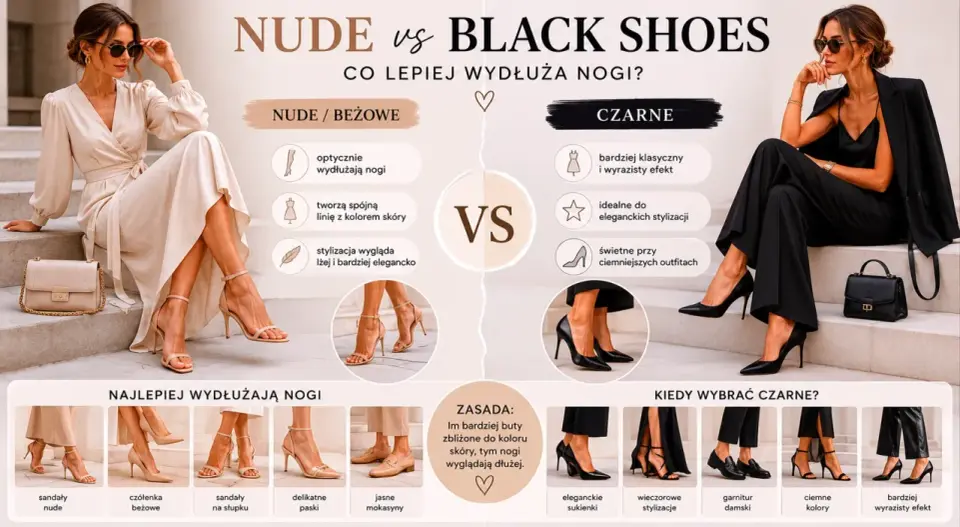 Beżowe buty do czarnej sukienki - Jak dobrać i wydłużyć nogi?
